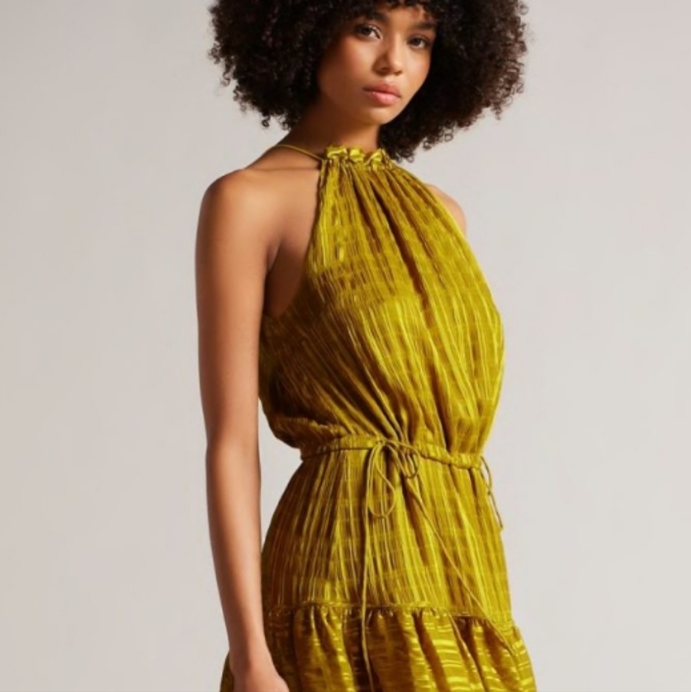TED BAKER London Eymilia Chartreuse Tiered Halter Neck Shirred Midi Dress XS - Picture 11 of 11